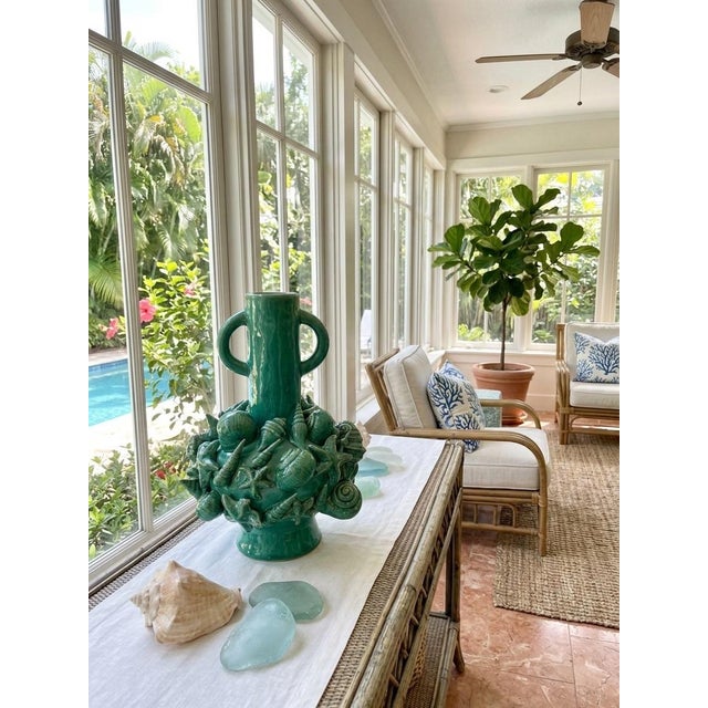 Green Vintage Italian Coastal Green Glazed Ceramic Shell & Starfish Urn Vase For Sale - Image 8 of 9