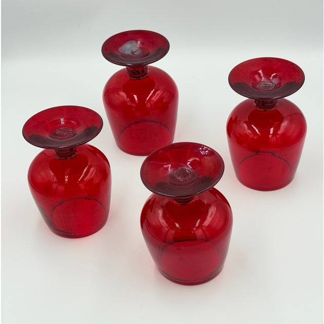 Vintage Blenko Hand Blown Red Brandy Art Glass Snifter 4pc Set For Sale In Palm Springs - Image 6 of 8