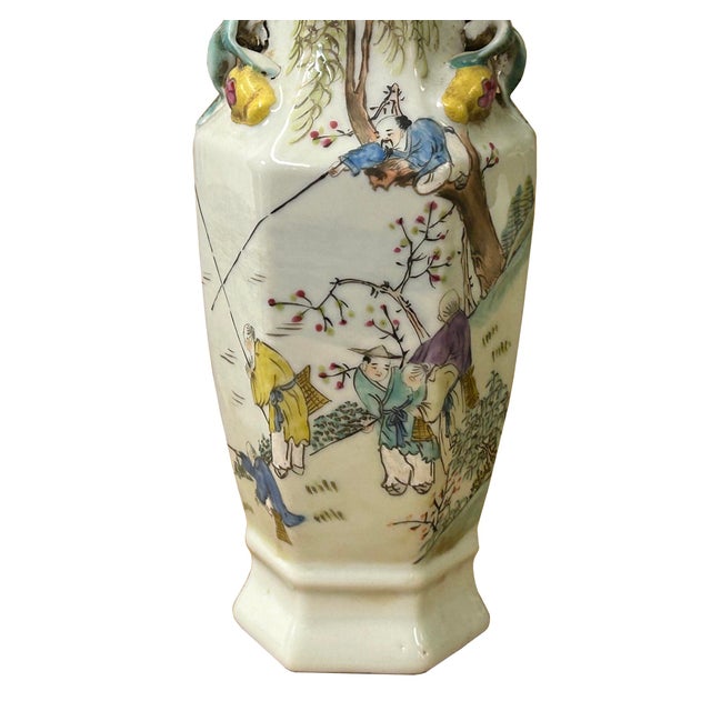 Chinese Scenery Graphic Hexagonal White Porcelain Art Vase 2 For Sale - Image 10 of 17