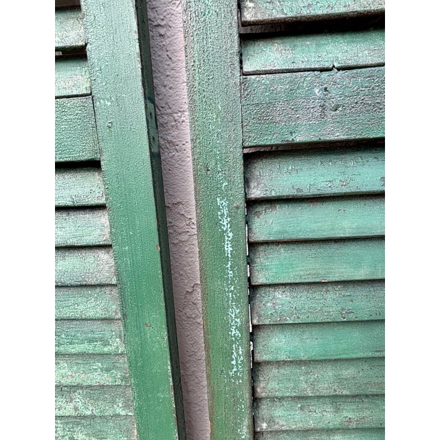 Antique American Green Farmhouse Shutter 19th C Architectural Salvage- Pair For Sale - Image 4 of 8