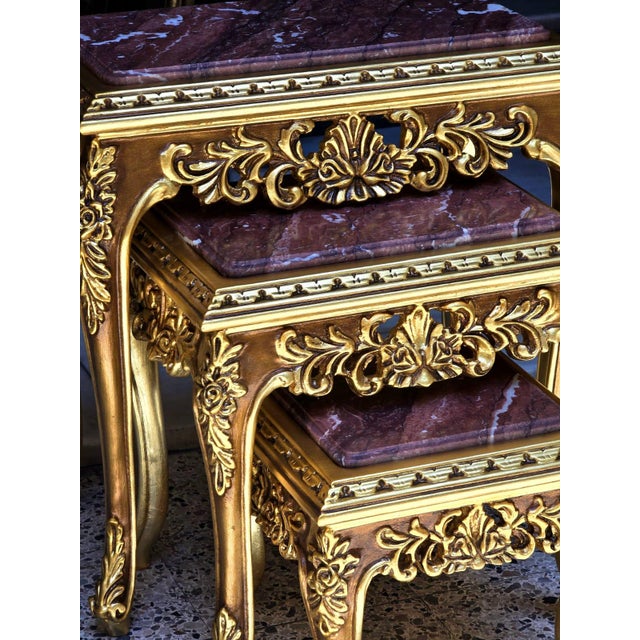 French Baroque Style Nesting Tables – Set of 3 Marble With Gold Leaf Details For Sale - Image 4 of 6