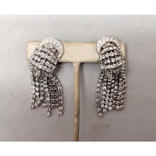 1960s Vintage 1960s Signed Napier Rhodium Plated Clear Rhinestone Chandelier Clip Earrings- 2 Pieces For Sale - Image 5 of 10
