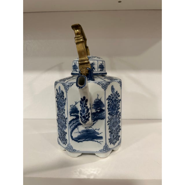 Vintage Blue and White Porcelain Teapot With Solid Brass Handle Hand Painted Thailand For Sale In Sacramento - Image 6 of 12