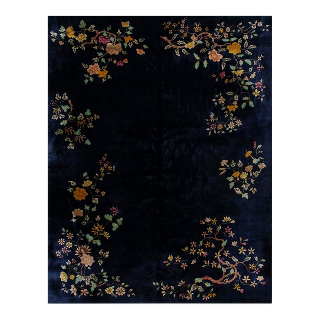 1920s Navy Blue Floral Tree Antique Chinese Art Deco Carpet 8' 10'' X 11' 7'' Knotted Wool Rug For Sale
