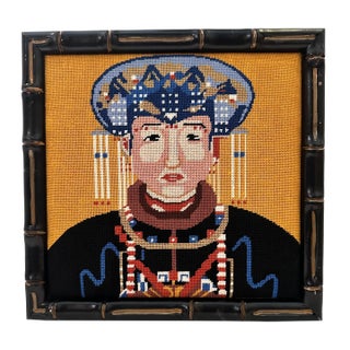 Vintage Needlepoint Asian Portrait For Sale