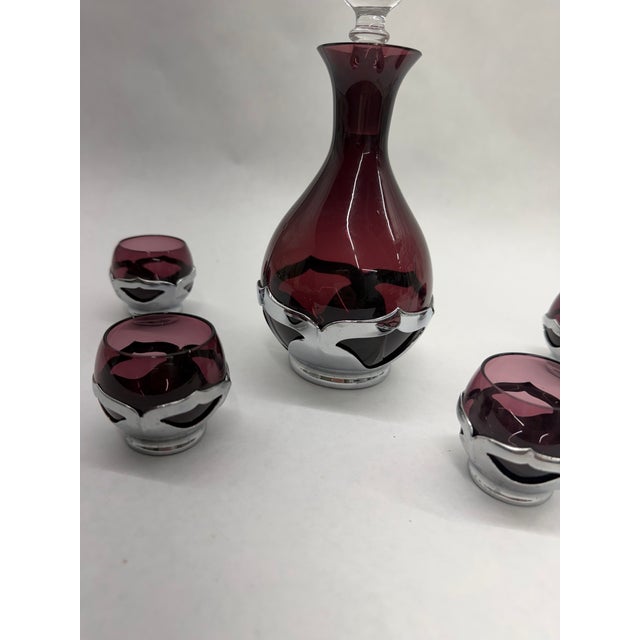 Mid-Century Modern Vintage Mid-Century Cranberry Glass Decanter & 4 Cordial Glasses Set With Silver Overlay For Sale - Image 3 of 11