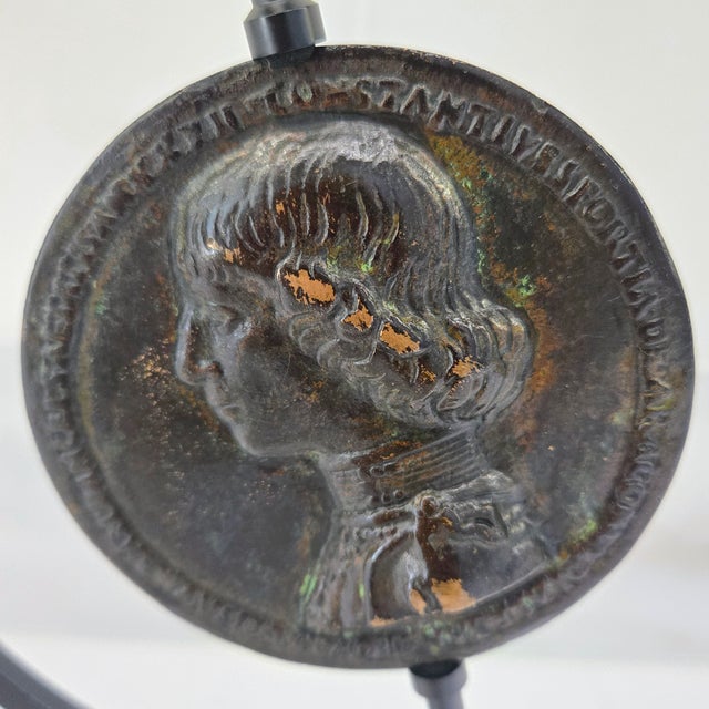 Figurative Renaissance Bronze Costanzo Sforza Medal on Custom Stand, After Enzola, Castle of Pesaro, 3-Inch Cast For Sale - Image 3 of 9
