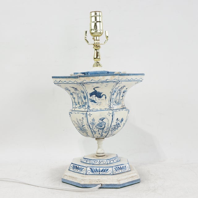 Late 20th Century Vintage Hand-Painted Dutch Blue and White Tile-Style Metal Table Lamp - Octagonal Urn With Pastoral Scenes For Sale - Image 5 of 17