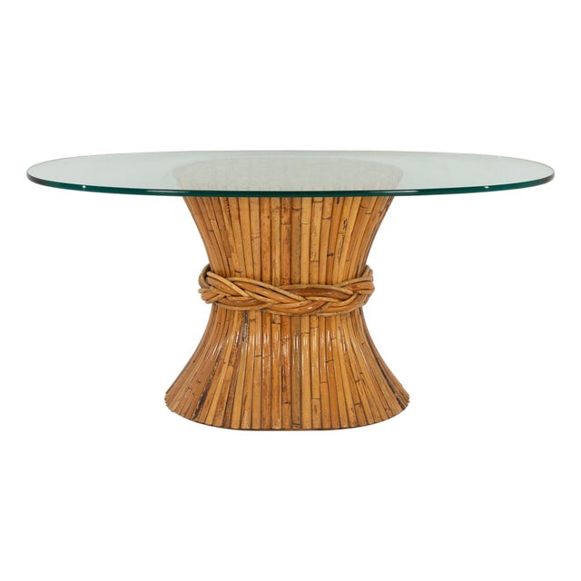 1970s McGuire Sculptural Rattan & Bamboo "Sheaf of Wheat" Oval Console Table For Sale