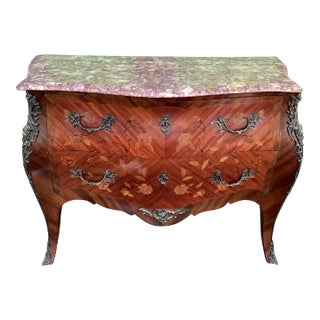 Elegant French Bombe Chest With Marquetry & Pink Marble Top For Sale