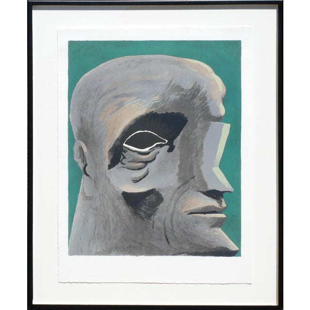 Horst Antes "Homage to Michelangelo" Modern Teal & Grey Tone Figurative Abstract Lithograph, 1975 For Sale