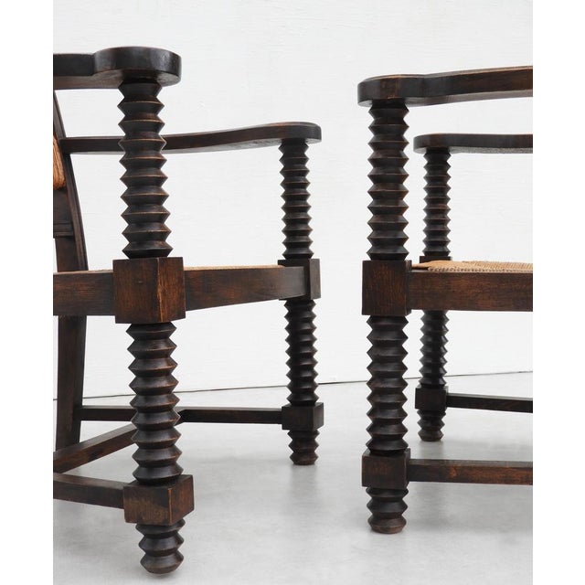 Brown French Oak and Rush Armchairs by Charles Dudouyt, 1940s, Set of 2 For Sale - Image 8 of 9