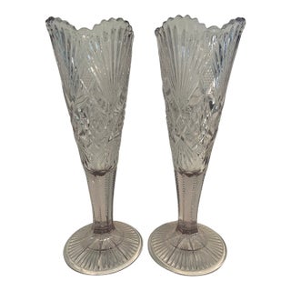 Early 20th Century "Sun Purple" Brilliant Cut Glass Trumpet Vases- A Pair For Sale