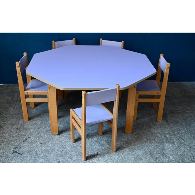 Vintage Octagonal Children's Table & Chairs in Beech and Lilac Formica, 1970s, Set of 6 For Sale - Image 11 of 18