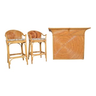 Hollywood Regency Pencil Reed Dry Bar With Stools For Sale