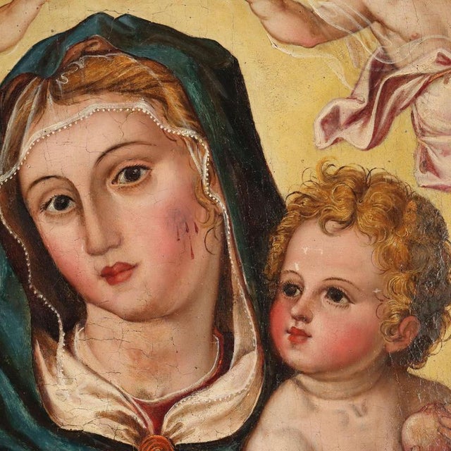 Italian Artist, Madonna Enthroned with Baby Jesus and Angels, Oil Painting on Panel For Sale - Image 4 of 14