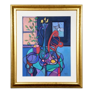 Still Life With Red Chair, Avi Farin Oil on Canvas, Signed Lower Right For Sale