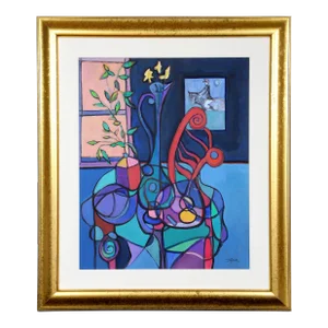 Still Life With Red Chair, Avi Farin Oil on Canvas, Signed Lower Right