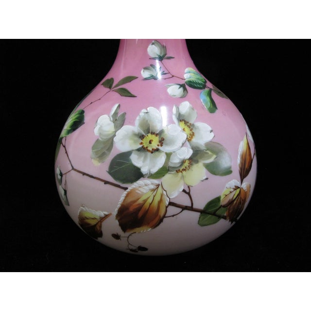 Late 19th Century Victorian Harrach Enameled Flower Opaline Pink Cased Glass 17" Bohemian Vase For Sale - Image 5 of 11
