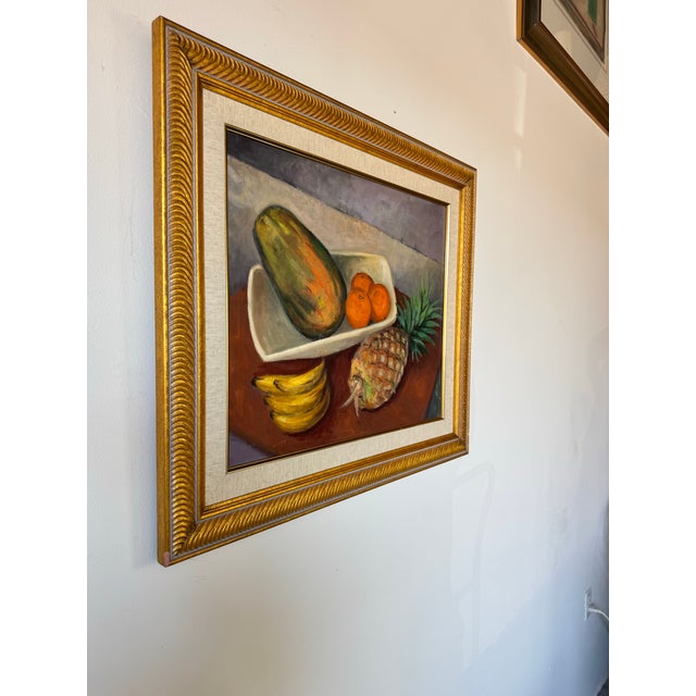 This is a stunning vintage oil painting on canvas from the 1980s, depicting a vibrant still life composition of assorted...