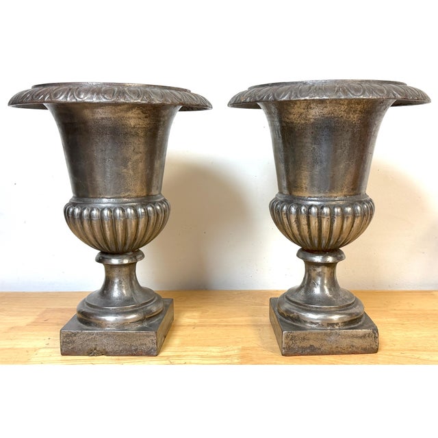 Pair of English Regency Silvered Cast Iron Egg-and-Dart Urns, Early 19th Century For Sale - Image 10 of 12