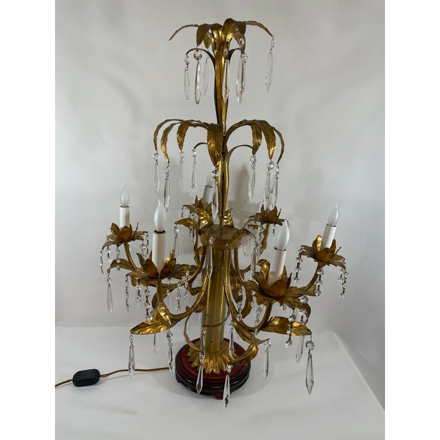 Hollywood Regency Mid 20th Century Italian Gilt Tole and Crystals Electric Candelabra Lamp For Sale - Image 3 of 18