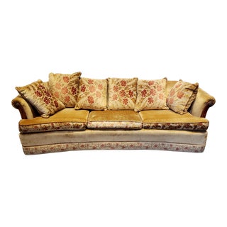 1970's Mid Century Gold Velvet Curved Sofa With Floral Fern Pattern For Sale