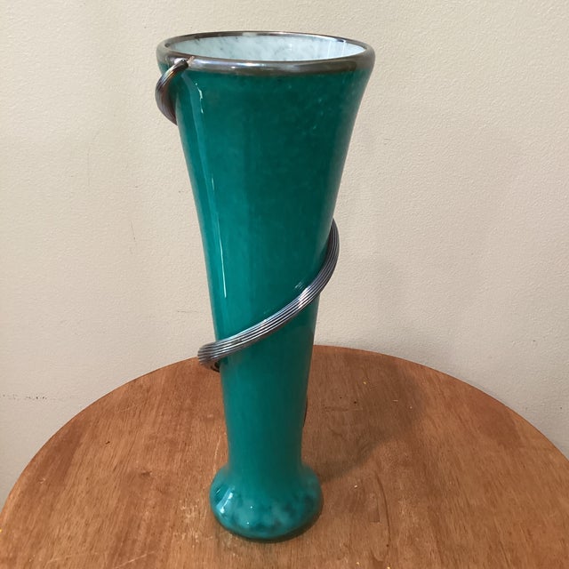 Glass Vintage Deep Teal Murano Studio Art Glass Trumpet Vase With Spiraling Accent Signed by Artist For Sale - Image 7 of 12