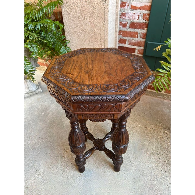 Petite Antique French Octagon Side Table Renaissance Carved Oak C1900 For Sale In Dallas - Image 6 of 12