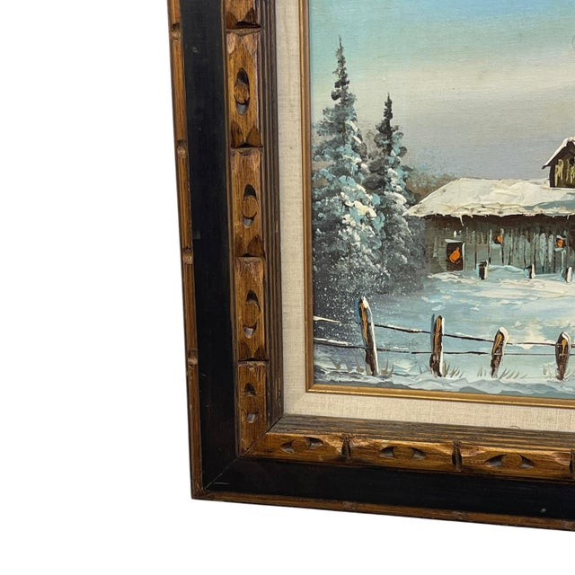 Brown Vintage Signed Winter Landscape Oil Painting on Canvas in Hand-Carved Wood Frame, Rustic Snow Cabin Scene.. For Sale - Image 8 of 10