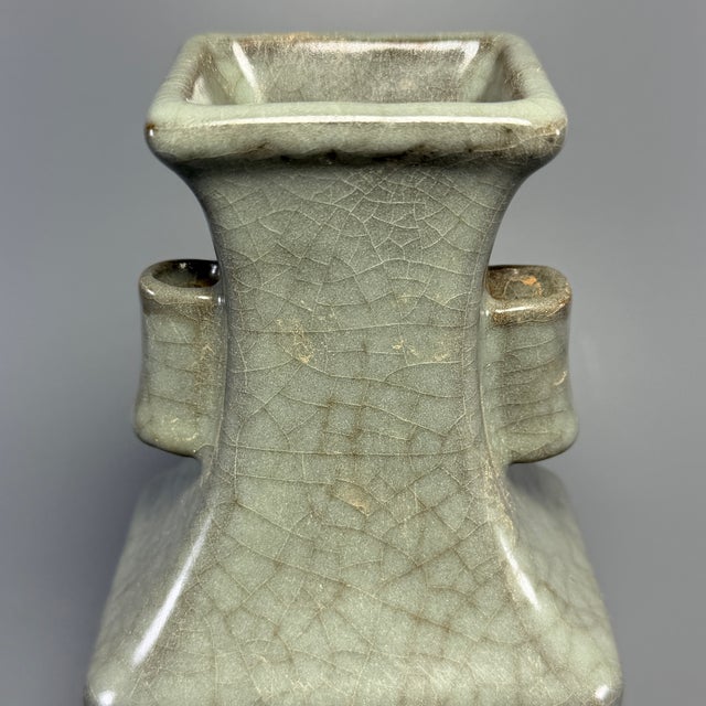Chinese Antique Chinese Guan‑Style Crackle Glaze Square Vase, Double Ear Handles For Sale - Image 3 of 7