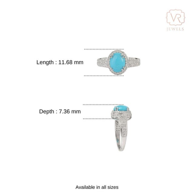 Statement 1.47 Carat Turquoise & Diamond Halo Cocktail Ring Size 4 in 14k White Gold For Sale - Image 11 of 16