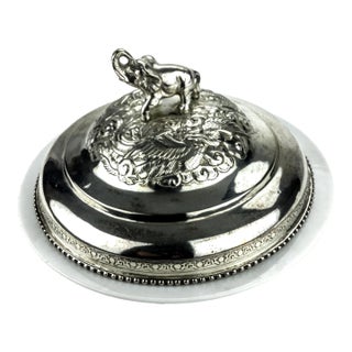 Silver Plate Heavy Elephant Lid With White Porcelain Serving Dish For Sale