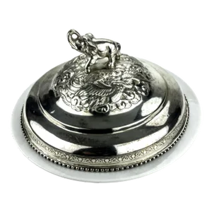 Silver Plate Heavy Elephant Lid With White Porcelain Serving Dish
