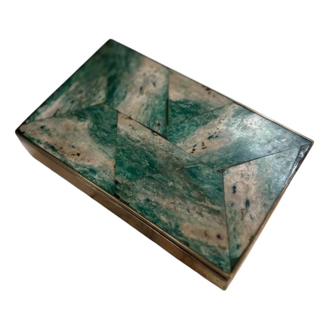 Vintage Green Stone and Brass Inlay Box For Sale