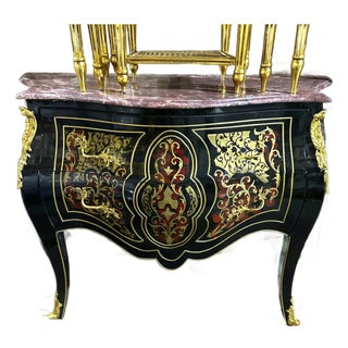 French Boulle-Inspired Commode – Dark Wood Cabinet With Gilded Ornaments & Two Spacious Drawers For Sale