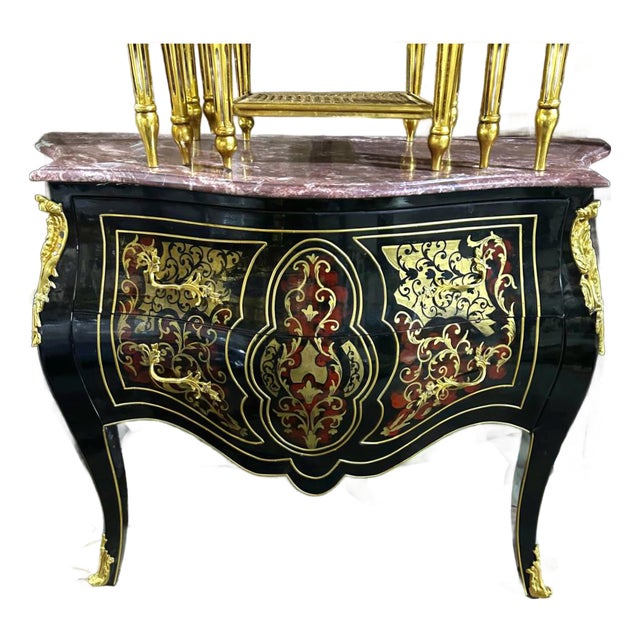 French Boulle-Inspired Commode – Dark Wood Cabinet With Gilded Ornaments & Two Spacious Drawers For Sale