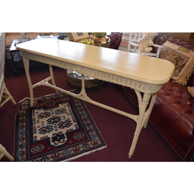 1970s Vintage Cream Wicker & Wood Long Oval Top Console Hall Sofa Table Patio For Sale - Image 10 of 12