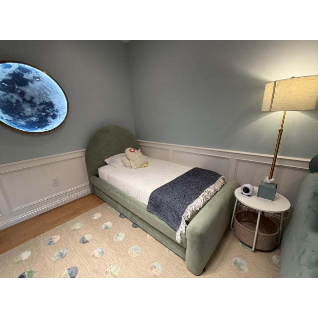 Elora Arched Upholstered Twin Bed with matching Twin Trundle in eucalyptus performance velvet. Excellent condition....
