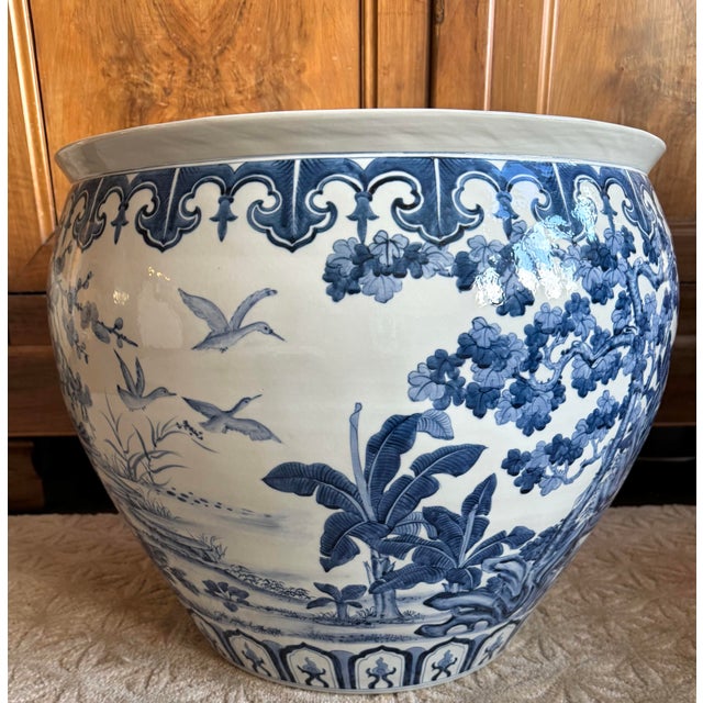 1990s Oversized Planter Blue & White Chinoiserie Cachepot Grand Scale For Sale - Image 5 of 10