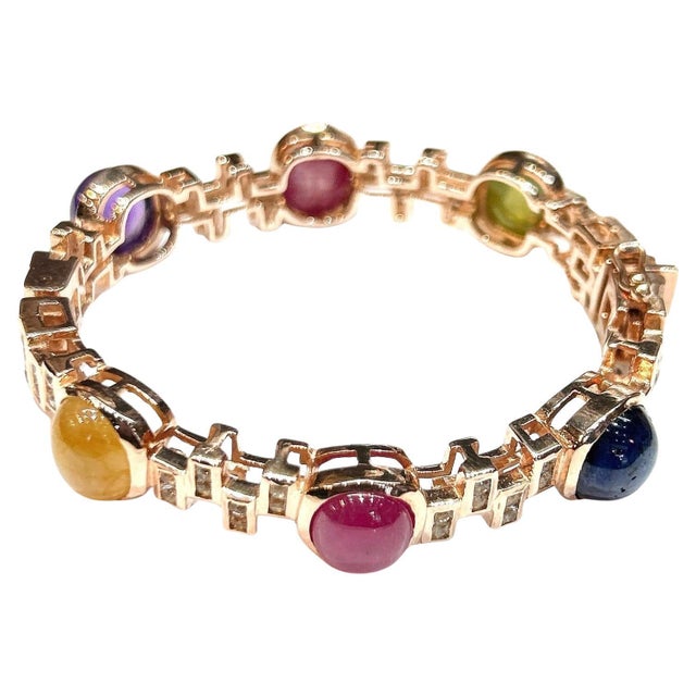 Bochic “Capri” Vintage Diamond, Ruby & Multi-Color Sapphire Bangle Set in 18K Gold & Silver Gemstone Details: Blue...
