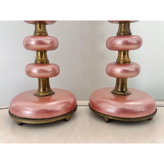 1940s Pair of Pink and Brass Boudoir Accent Lamps - a Pair For Sale - Image 4 of 6
