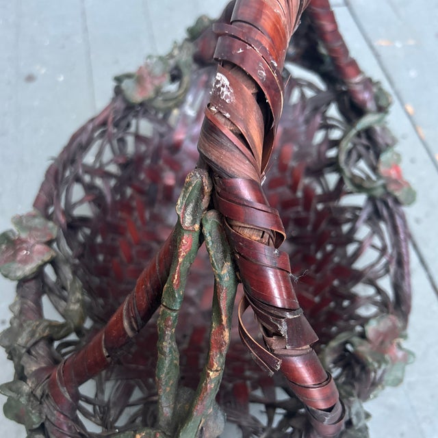 Antique Japanese Woven Bamboo Ikebana Basket With Grapevine Applique For Sale - Image 4 of 9