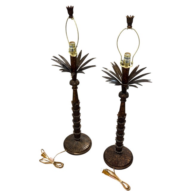 Hollywood Regency Vintage Bronze Palm Tree Table Lamps - a Pair For Sale - Image 3 of 10