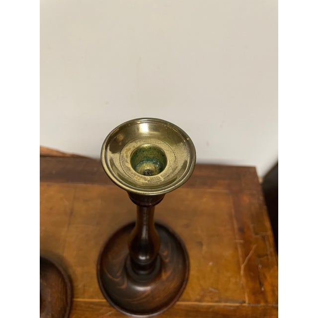 Pair English Turned Elm and Brass Candlesticks, Circa 1900 For Sale - Image 11 of 12