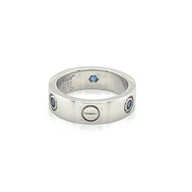 Cartier Rare Cartier Love 18k White Gold Blue Sapphire Band Ring w/Paper - Size 5.5 For Sale - Image 4 of 5