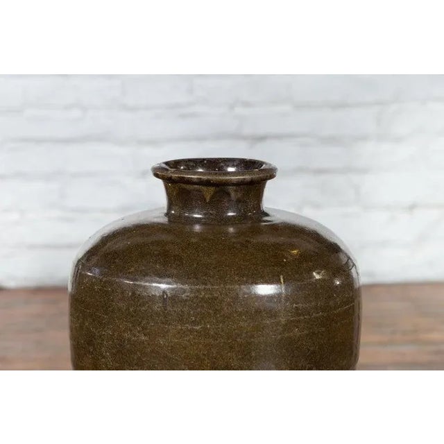 Ceramic Antique Large Thai Monochrome Glazed Storage Jar with Tapering Lines For Sale - Image 7 of 13
