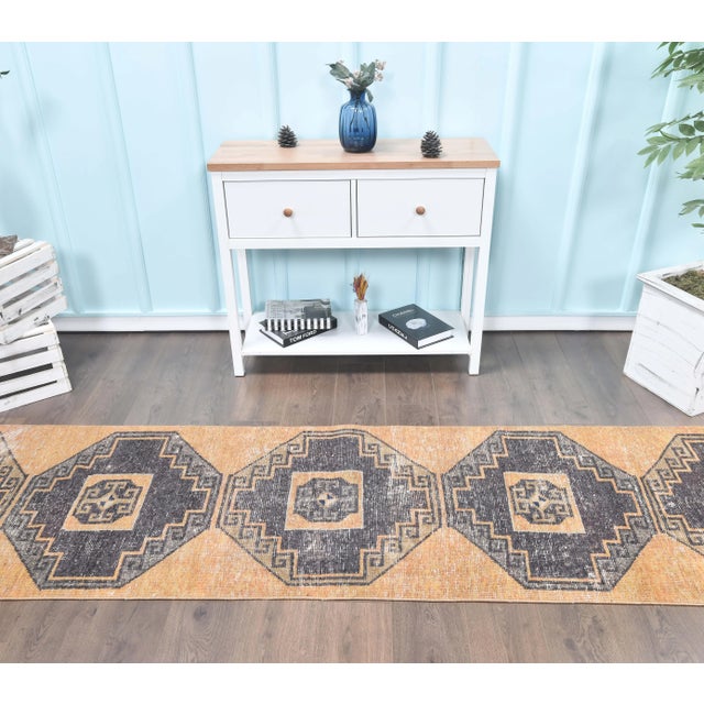 Boho Chic 1960s Orange Geometric Turkish Hand-Knotted Runner Rug For Sale - Image 3 of 8