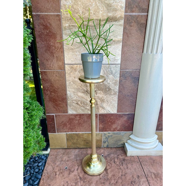 1980’s, Vintage, Polished Brass, Display/Pedestal Stand, Fluted Columns and a Stepped-Circular Base, Weighted, 36” Tall For Sale - Image 4 of 11