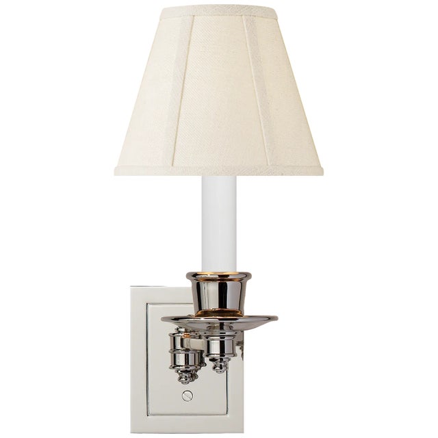 Single Swing Arm Sconce in Polished Nickel with Linen Shade Height: 12" Extension: 7" Backplate: 3.5" x 4.5" Rectangle...